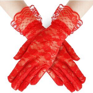 Women's Evening Dark Red Flower Pattern Lace Gloves Design Wedding Party Prom